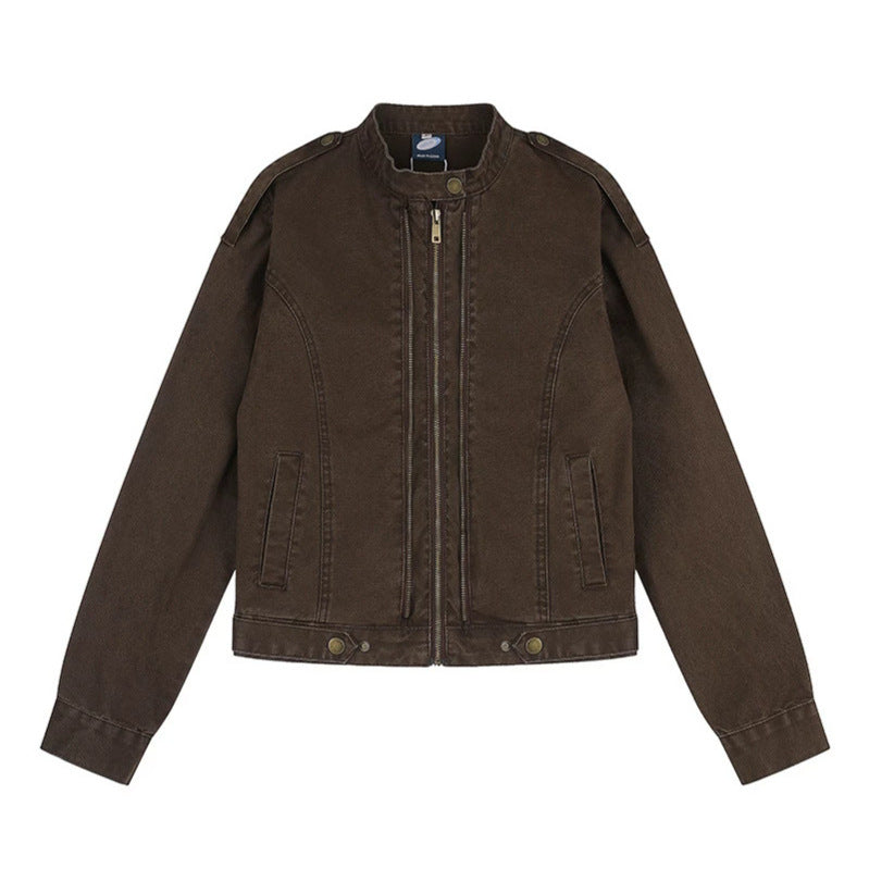 Women's Short-Cut Utility Jacket with Stand-Up Collar and Epaulettes Chichicherry