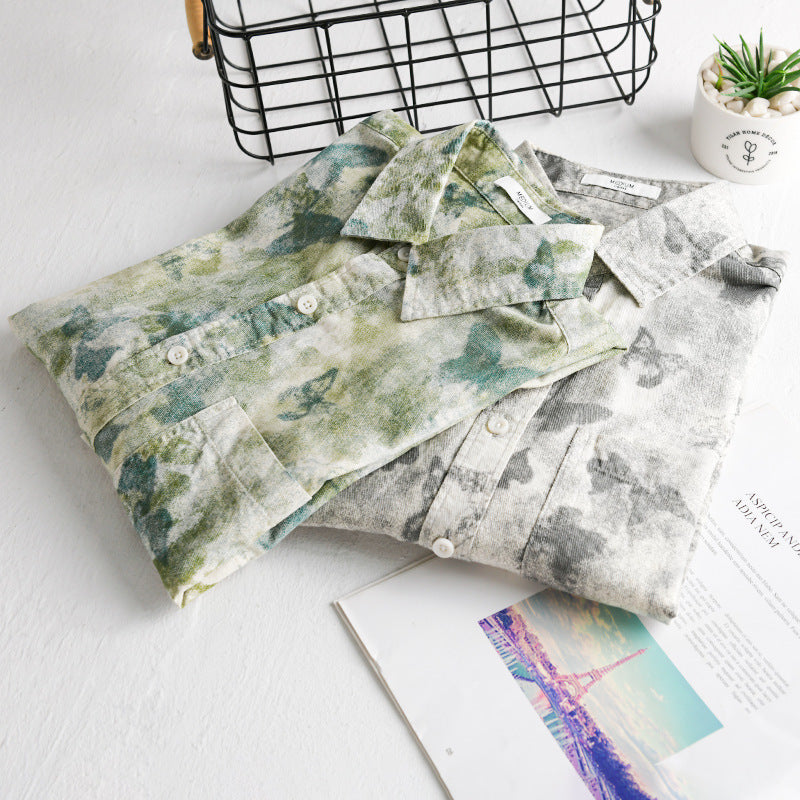 Men's Lightweight Linen Blend Shirt with Watercolor Butterfly Print and Chest Pocket Chichicherry
