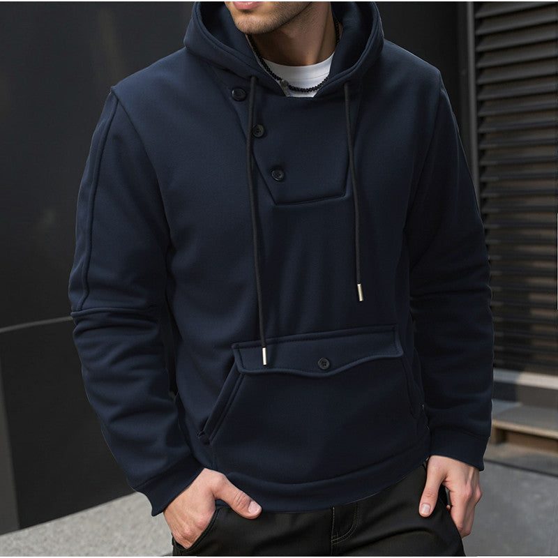 Men's Oversized Cotton Fleece Hoodie with Asymmetrical Button Placket and Front Kangaroo Pocket Chichicherry