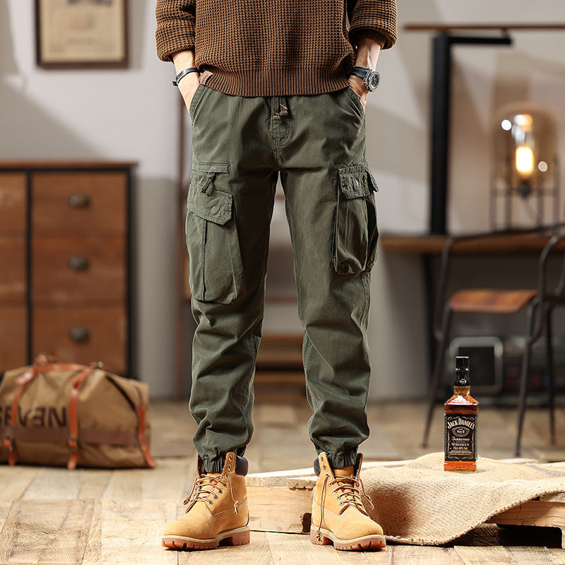 Men's Robust Cotton Cargo Pants with Elastic Hem and Multiple Pockets Chichicherry