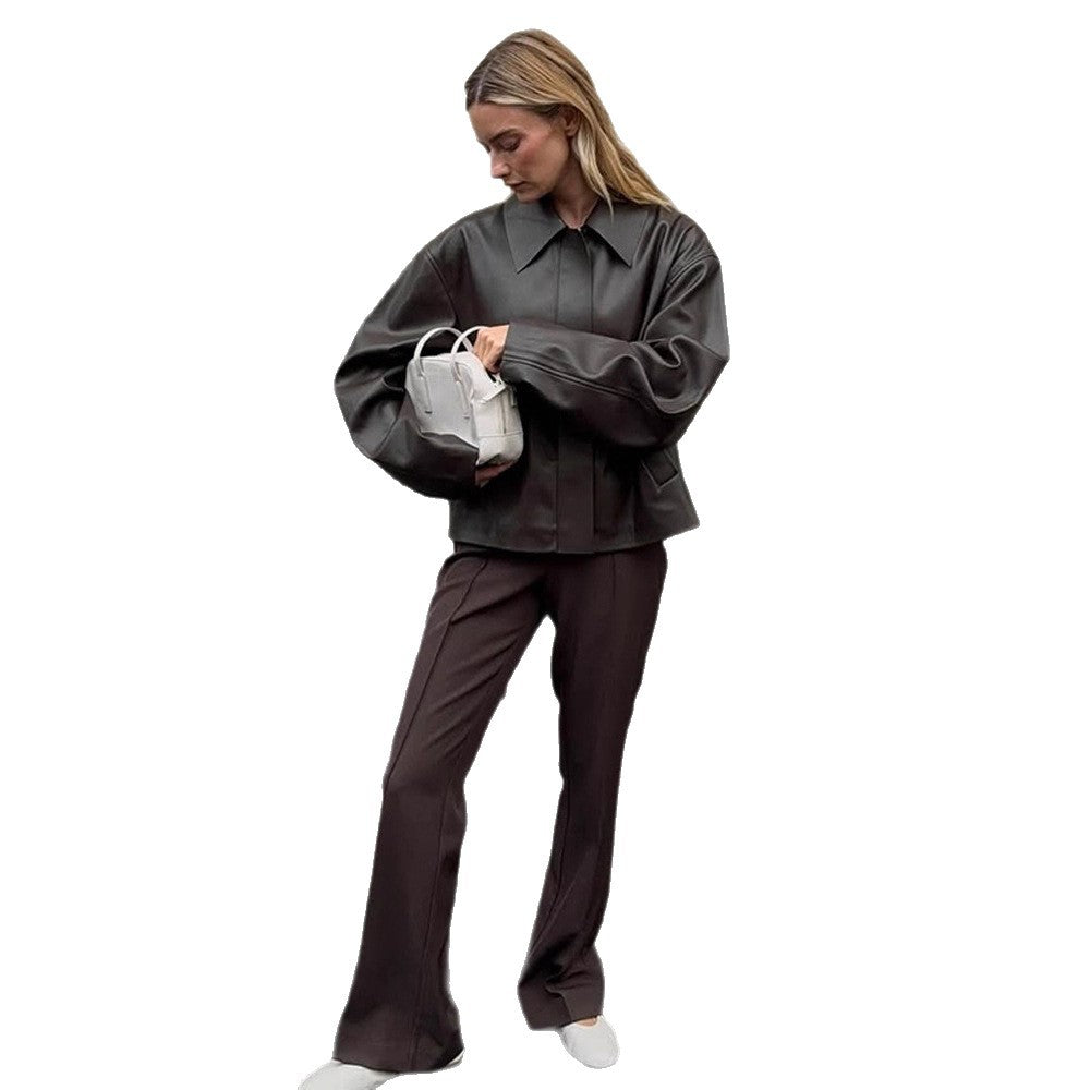 Ladies Cropped Boxy Jacket made of faux leather with oversized collar and concealed zipper placket Chichicherry