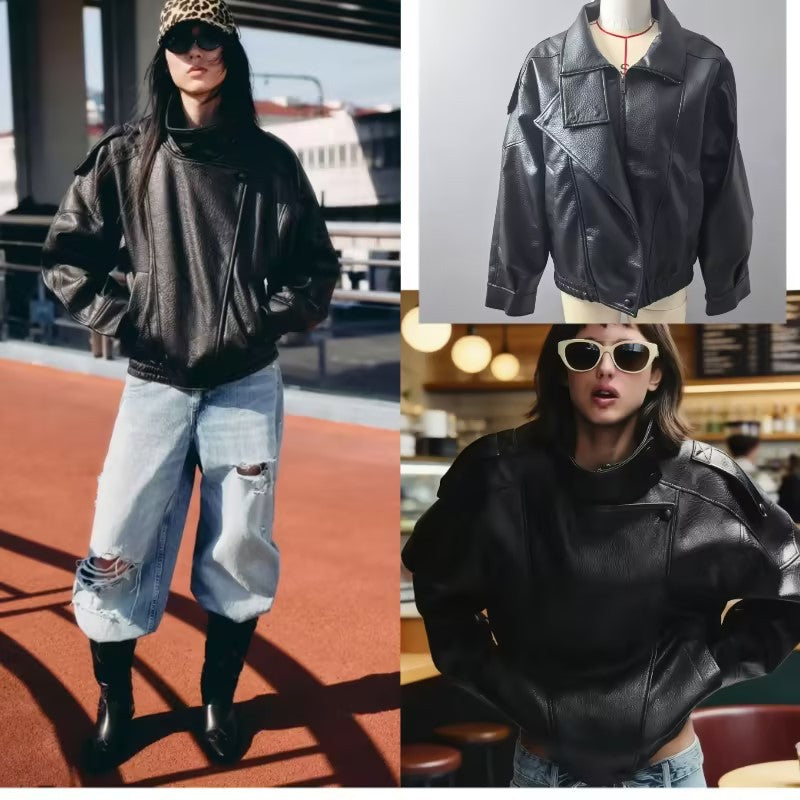 Women Oversized Faux Leather Biker Jacket with Asymmetric Lapel, Stand Collar, and Waist Drawstring Chichicherry