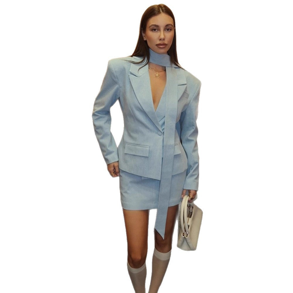 Women Tailored Blazer Mini Skirt Set with Tied Scarf, One-Button Jacket and Figure-Hugging Silhouette Chichicherry