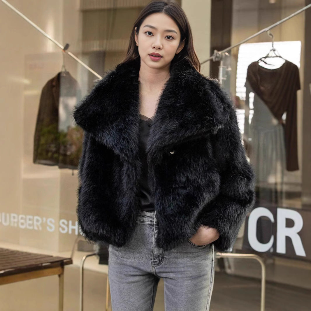 Women Short Faux Fur Jacket with Voluminous Shawl Collar Chichicherry