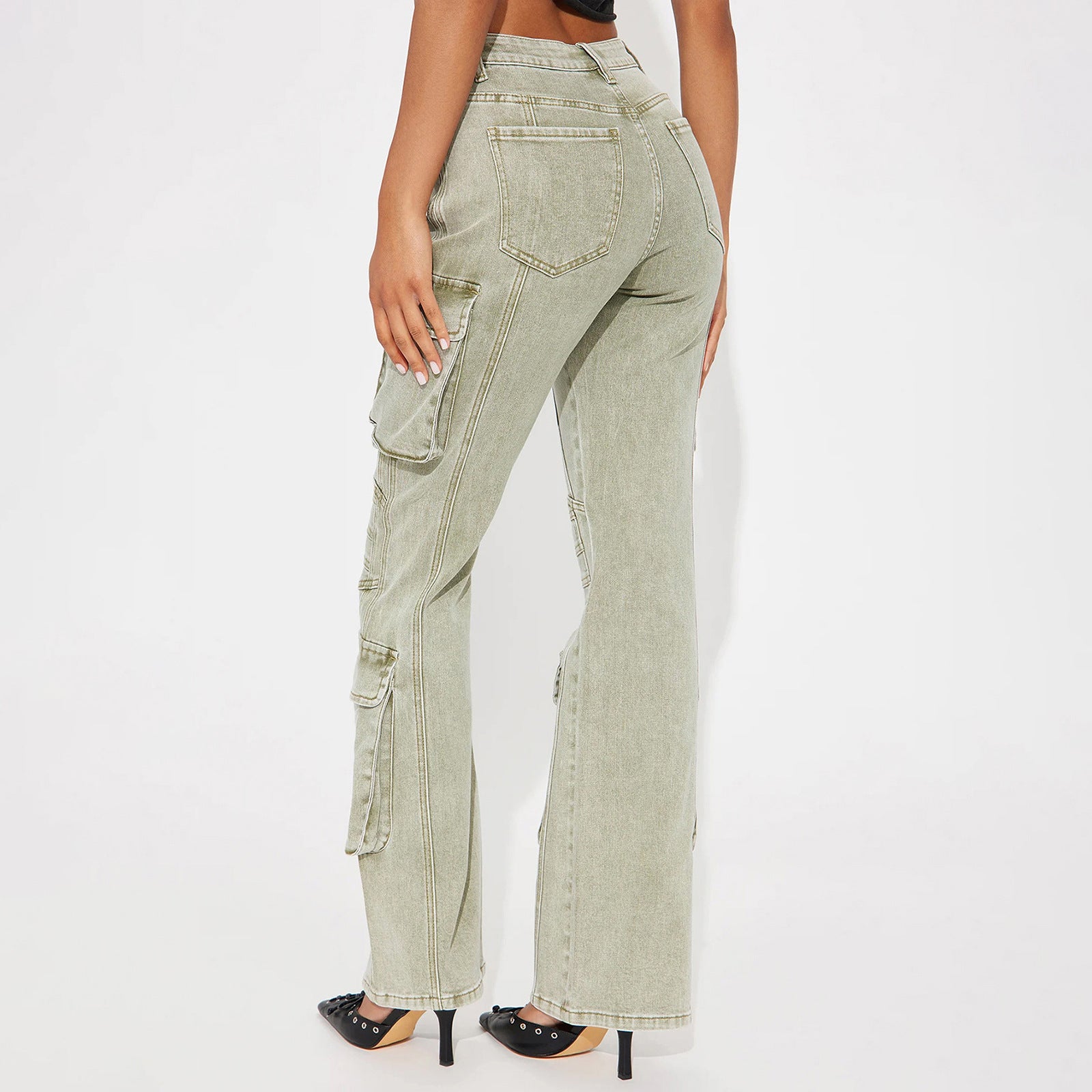 Women's High-Waist Cargo Denim Pants with Wide Leg, Multiple Pockets and Used Details Chichicherry