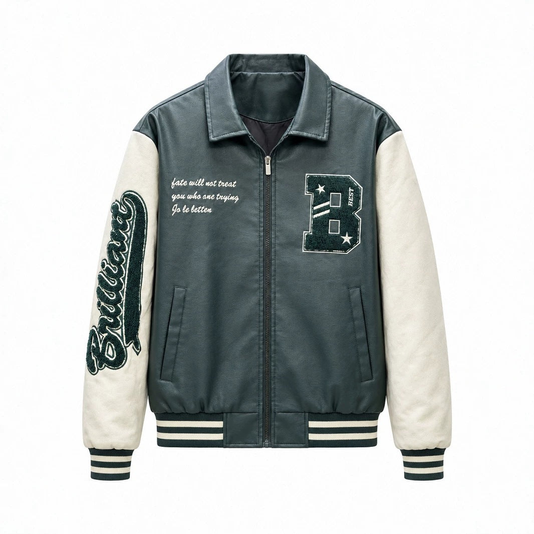 Men's Retro Style Letterman Jacket with Faux Leather Body and Suede Sleeves Chichicherry