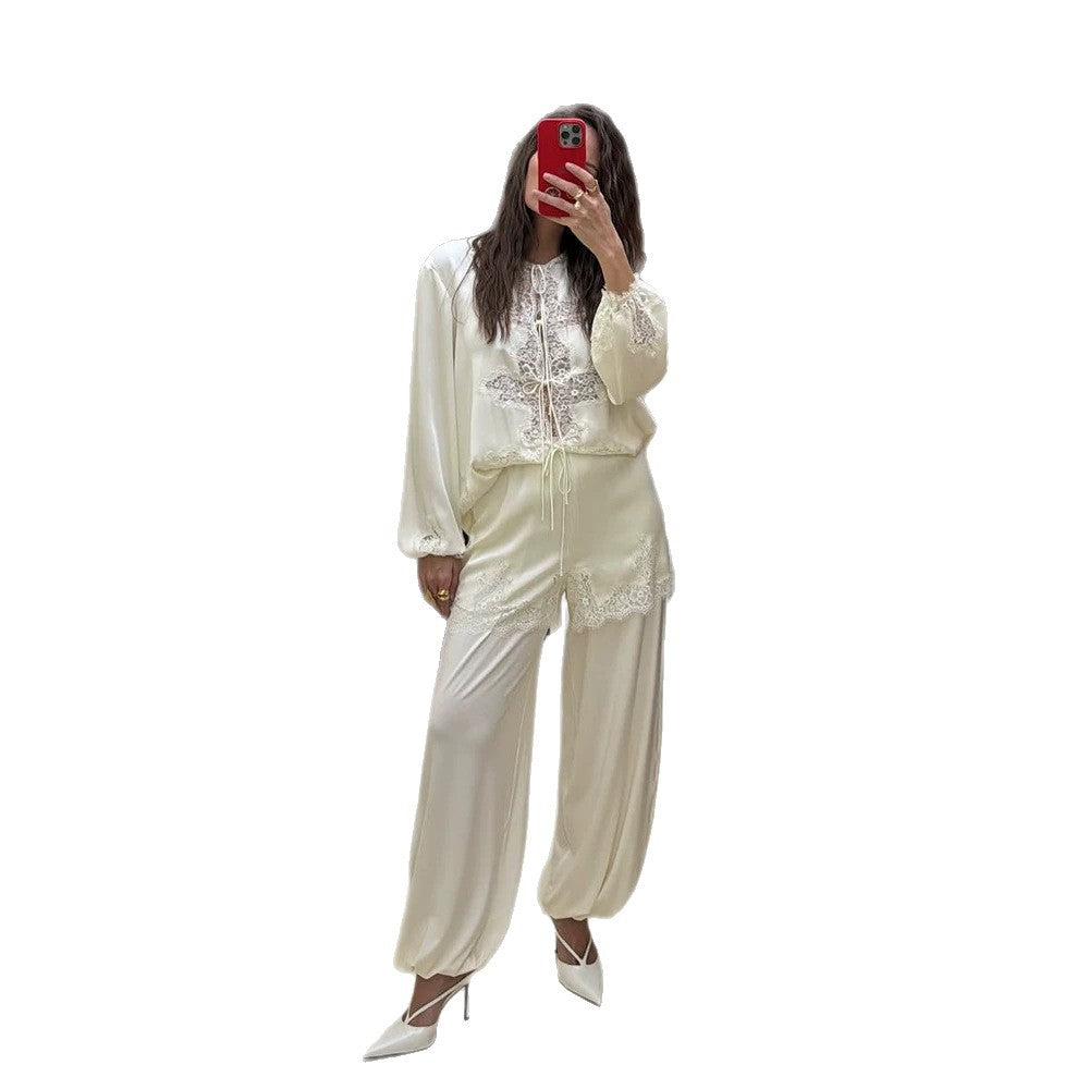 Women's Satin Loungewear Set with Lace Trim, Drawstring Top and Ballooned Palazzo Pants Chichicherry