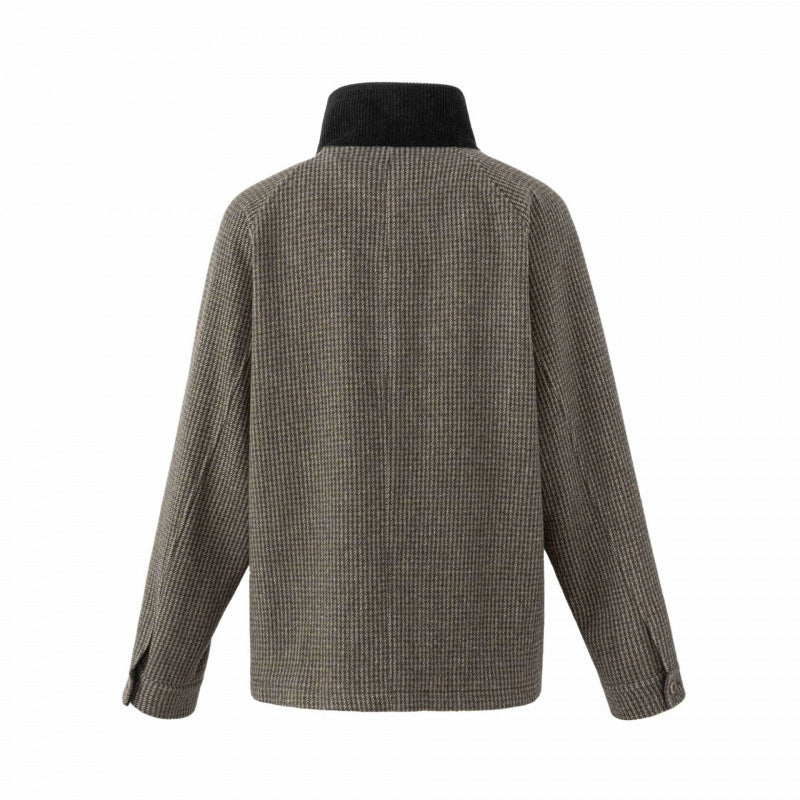 Men's Double-Breasted Wool Mix Field Jacket in Houndstooth with Corduroy Collar and Flap Pockets Chichicherry