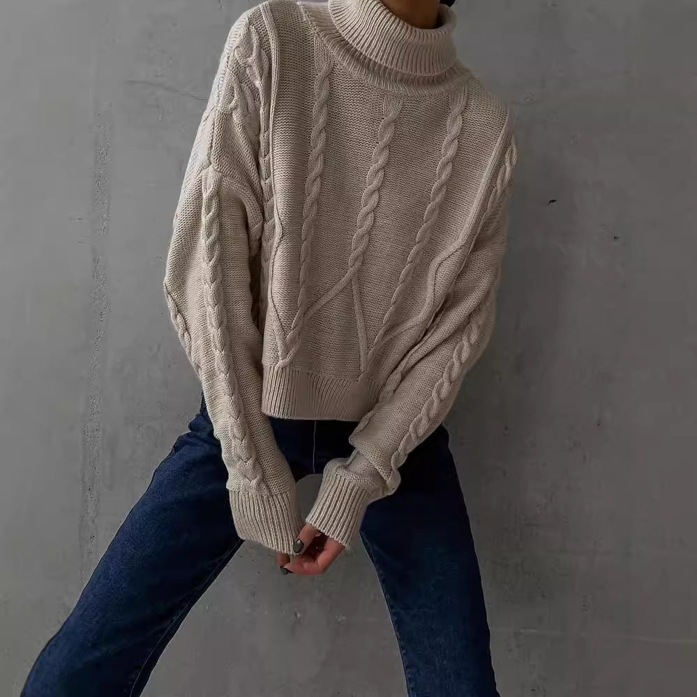 Damen Grobstrick-Rollkragenpullover mit Zopfstrick-Details Chichicherry
