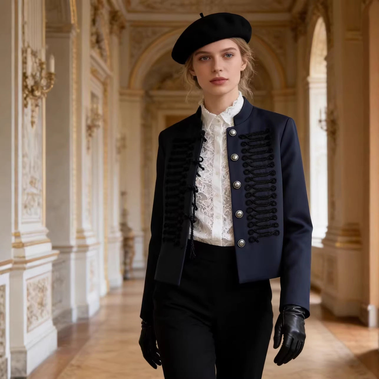 Women’s short military-style jacket with stand-up collar, decorative cord trimming, and decorative buttons Chichicherry