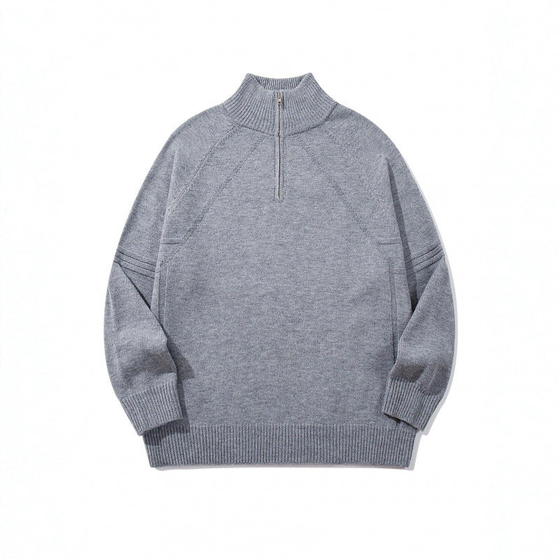 Unisex Knit Half-Zip Sweater with High Ribbed Collar and Raglan Sleeves Chichicherry