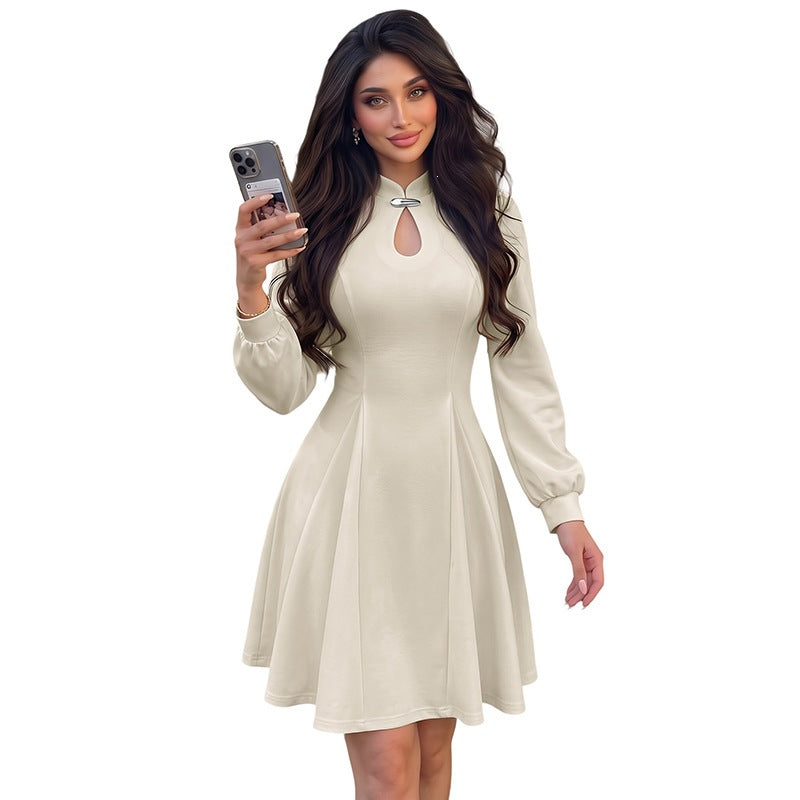 Women's elegant fitted skater dress with stand-up collar, keyhole detail & long balloon sleeves Chichicherry