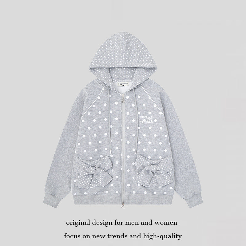 Women Polka Dot Zip Hooded Jacket with Bow Pockets and Raglan Sleeves Chichicherry