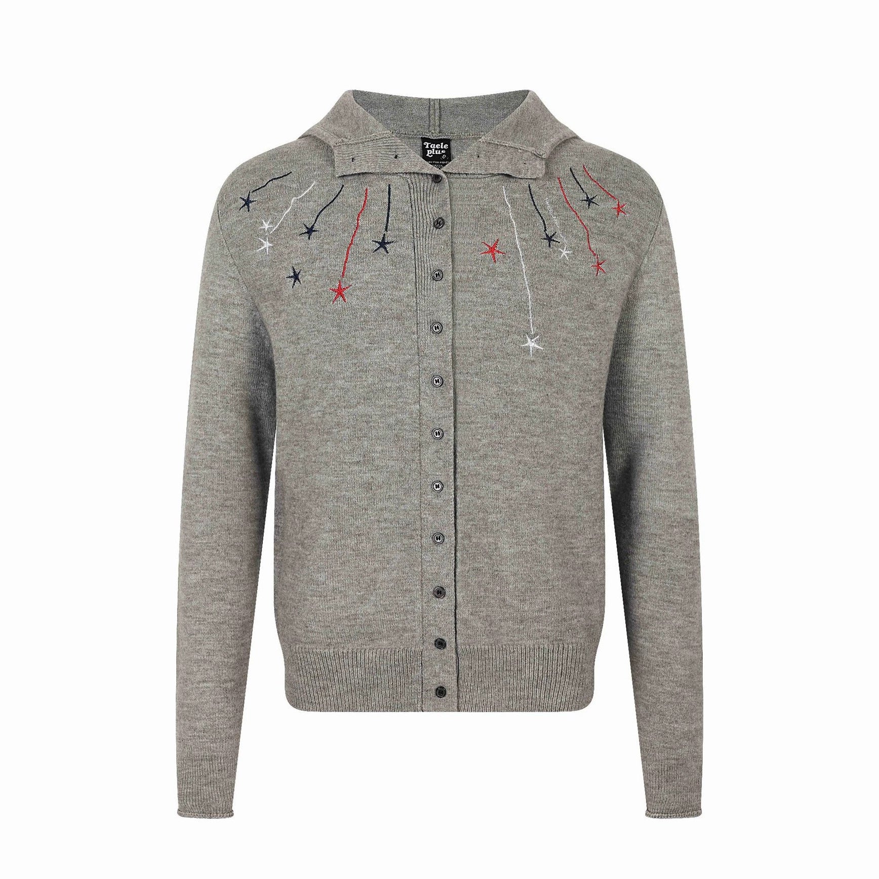 Women's fine knit cardigan with stand-up collar, star embroidery and full-length button placket Chichicherry