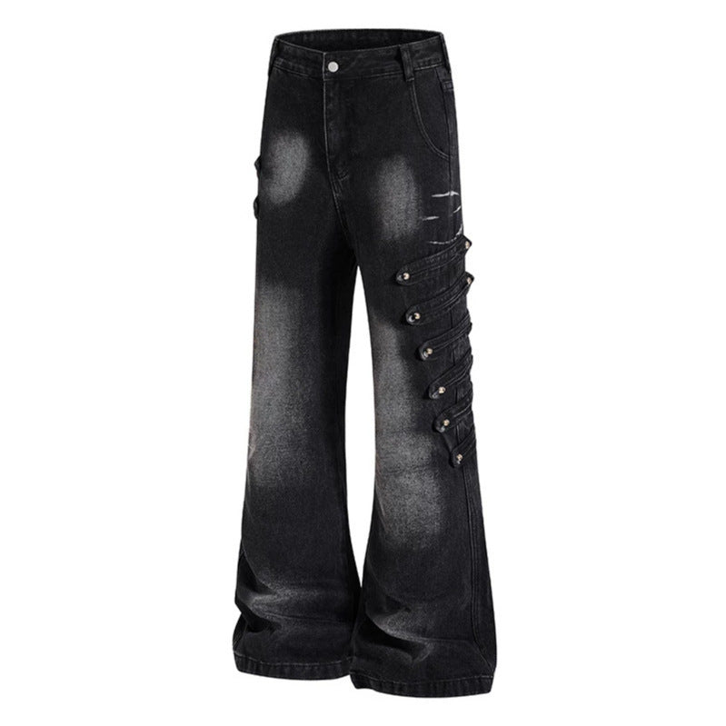 Ladies Wide Jeans Pants with Used Effect and Side Decorative Button Strips Chichicherry
