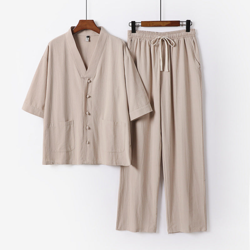 Men's kimono two-piece set made of linen blend with V-neck, patch pockets, and drawstring pants Chichicherry