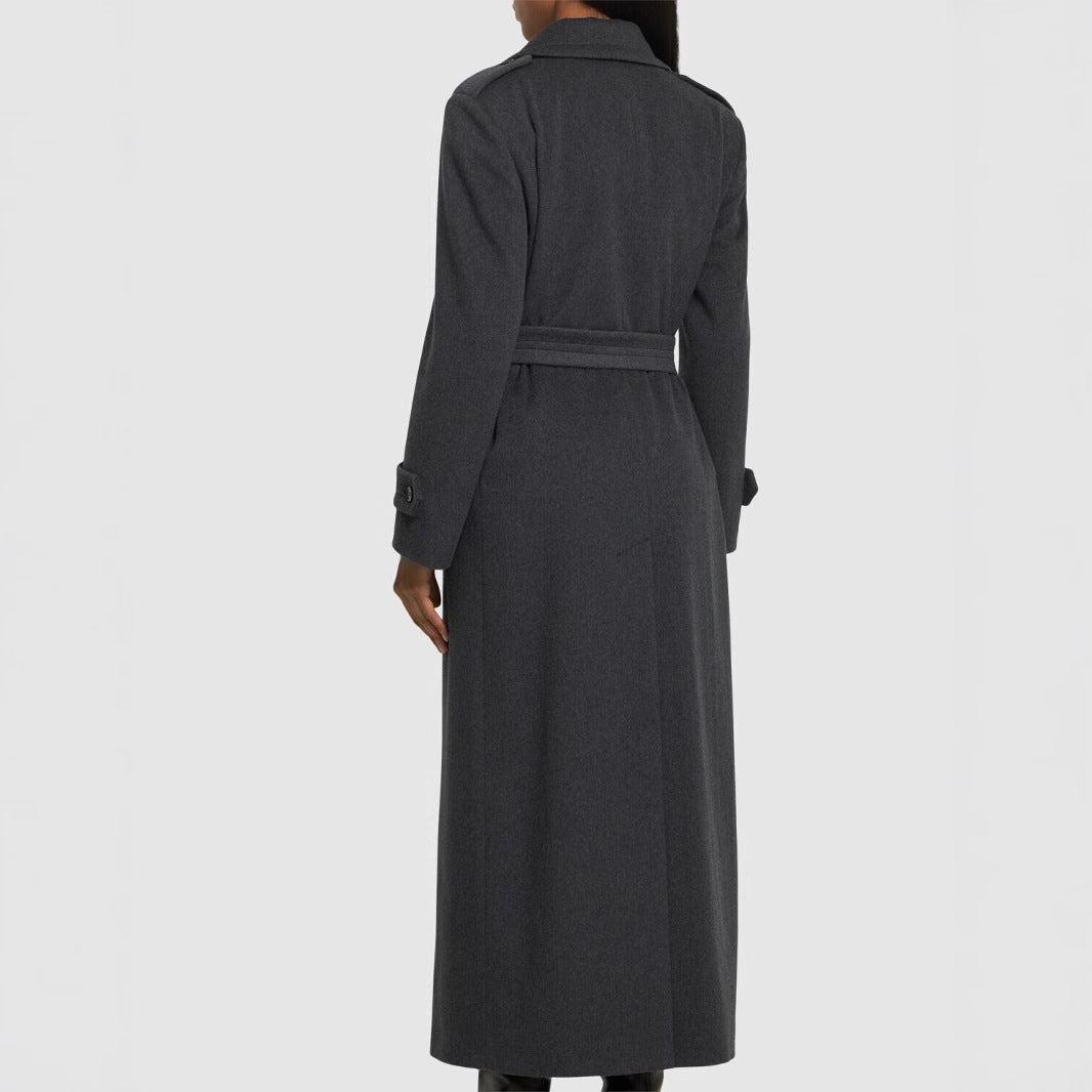 Women Long Double-Breasted Wool Coat with Waist Belt Chichicherry