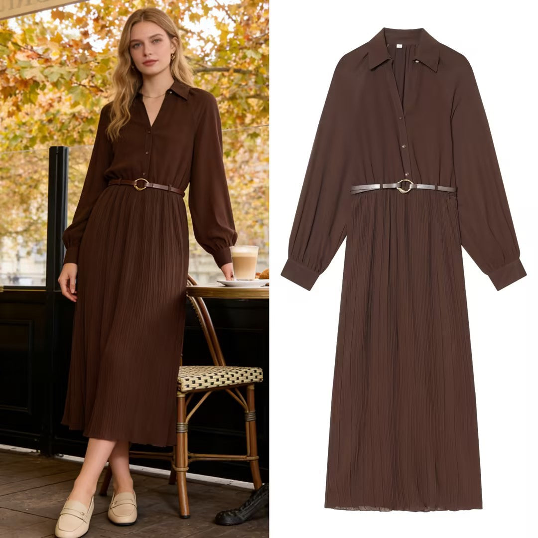 Women Pleated Shirt Dress with Balloon Sleeves, Concealed Button Placket, and Waist Belt Chichicherry