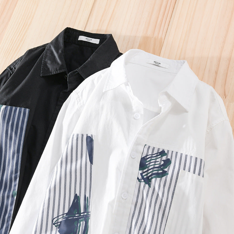 Men's Casual Overshirt made of cotton poplin with striped patch inserts and brush print Chichicherry