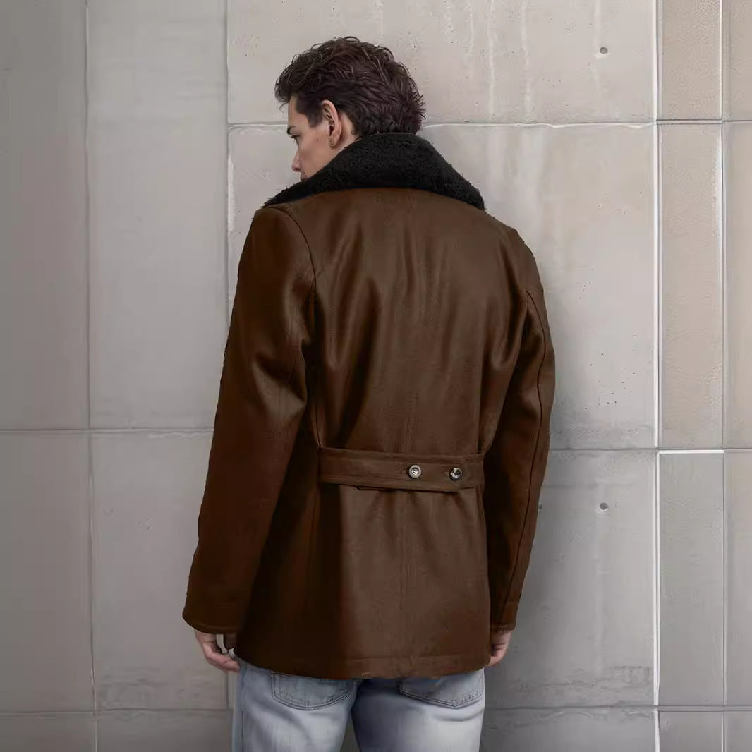 Men's short coat in pea coat style made of wool blend with voluminous teddy collar and side pockets Chichicherry