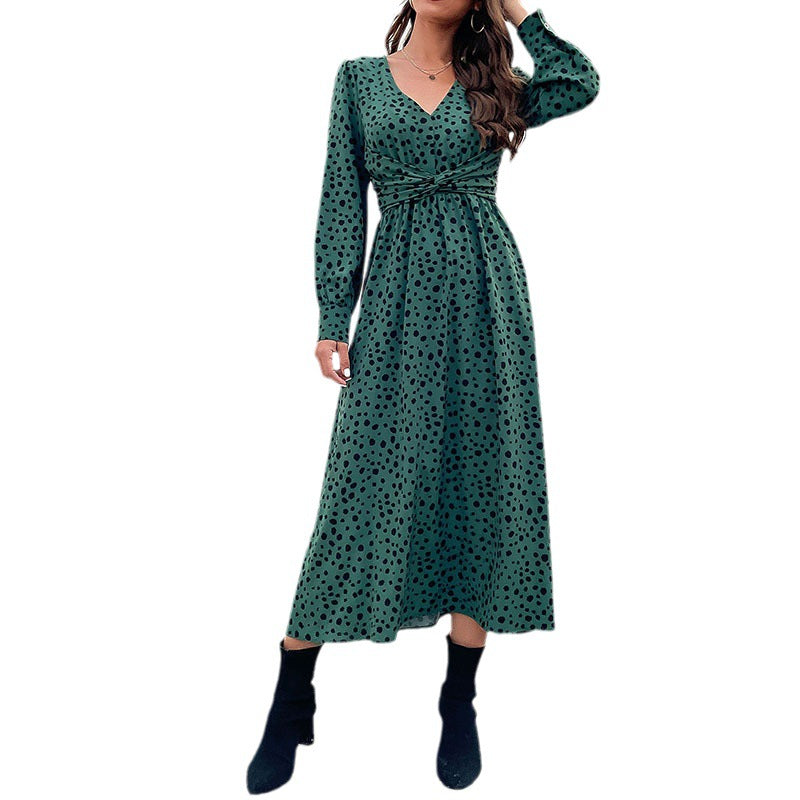 Women's maxi dress with V-neck, wrap waist and fine dotted print Chichicherry