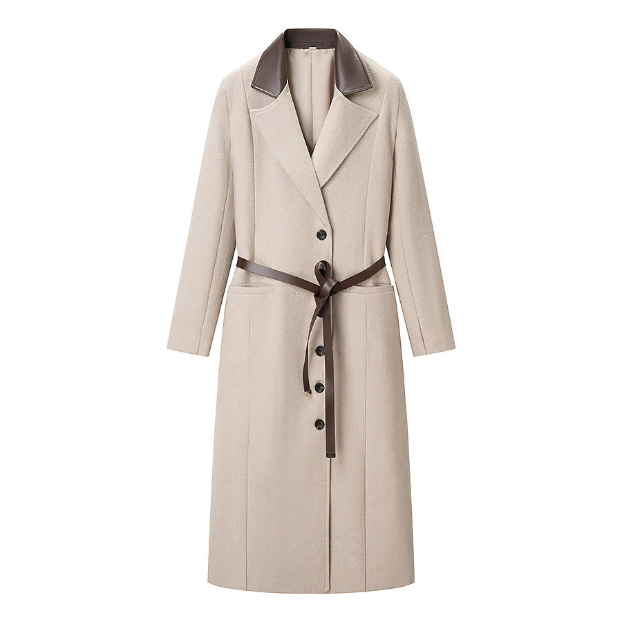 Women Tailored Wool Blend Coat with Herringbone Texture, Contrast Leather Collar and Leather Belt Chichicherry