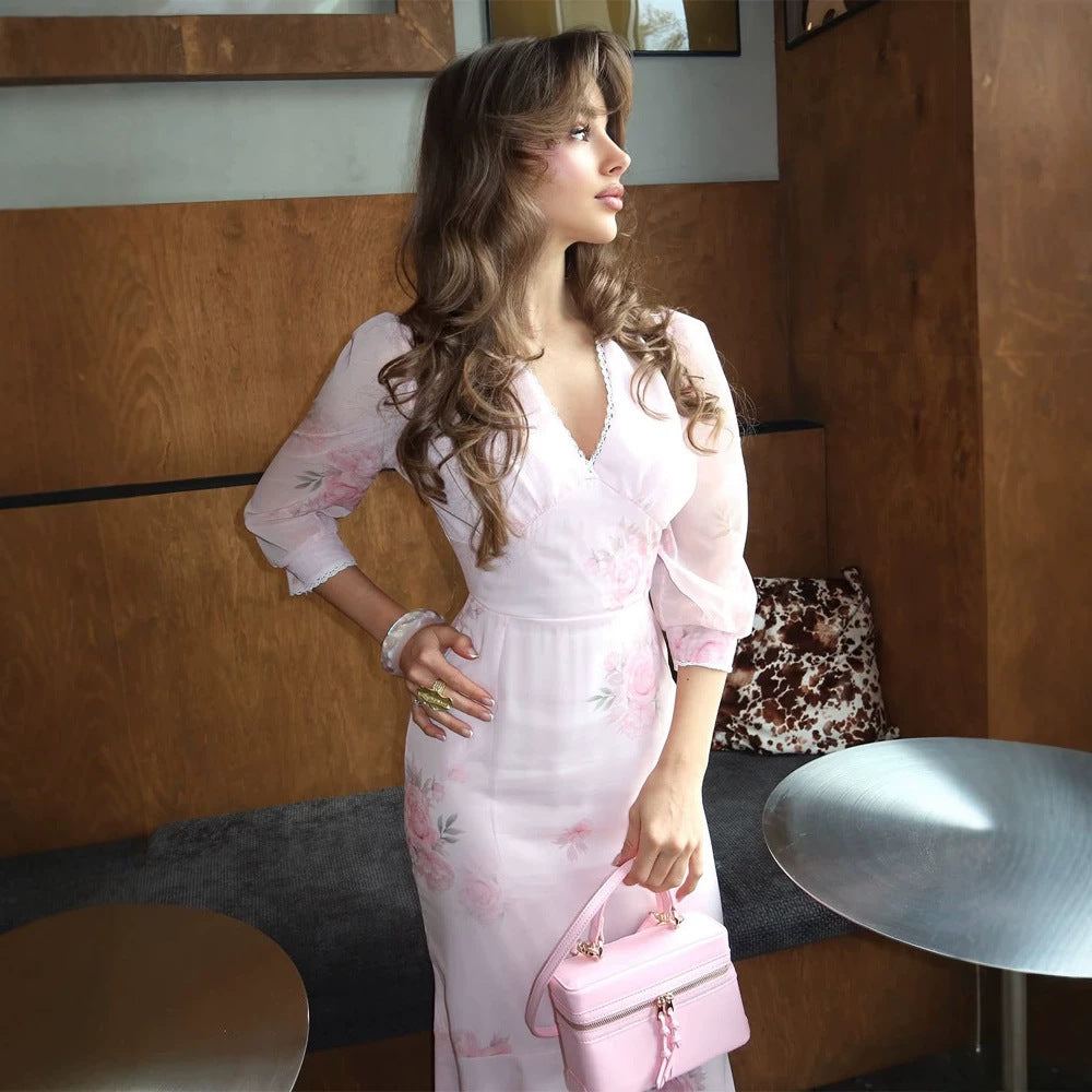 Ladies Elegant Maxi Dress in Mermaid Cut with V-Neck and Transparent Puff Sleeves Chichicherry