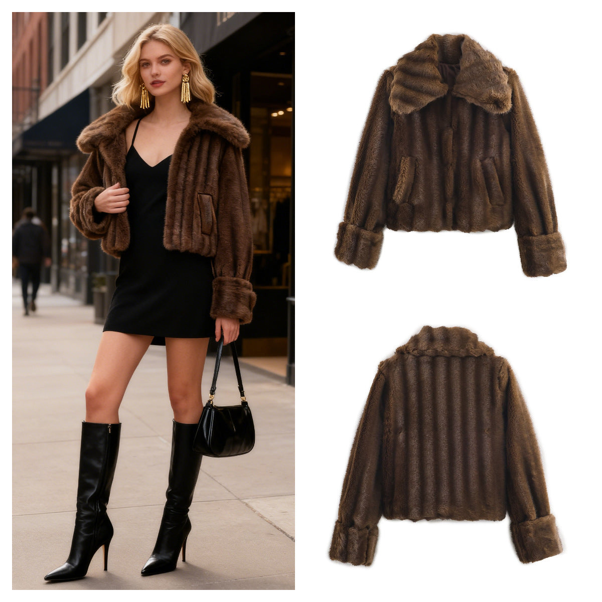 Women's Short Faux Fur Jacket with Voluminous Shawl Collar and Patch Pockets Chichicherry