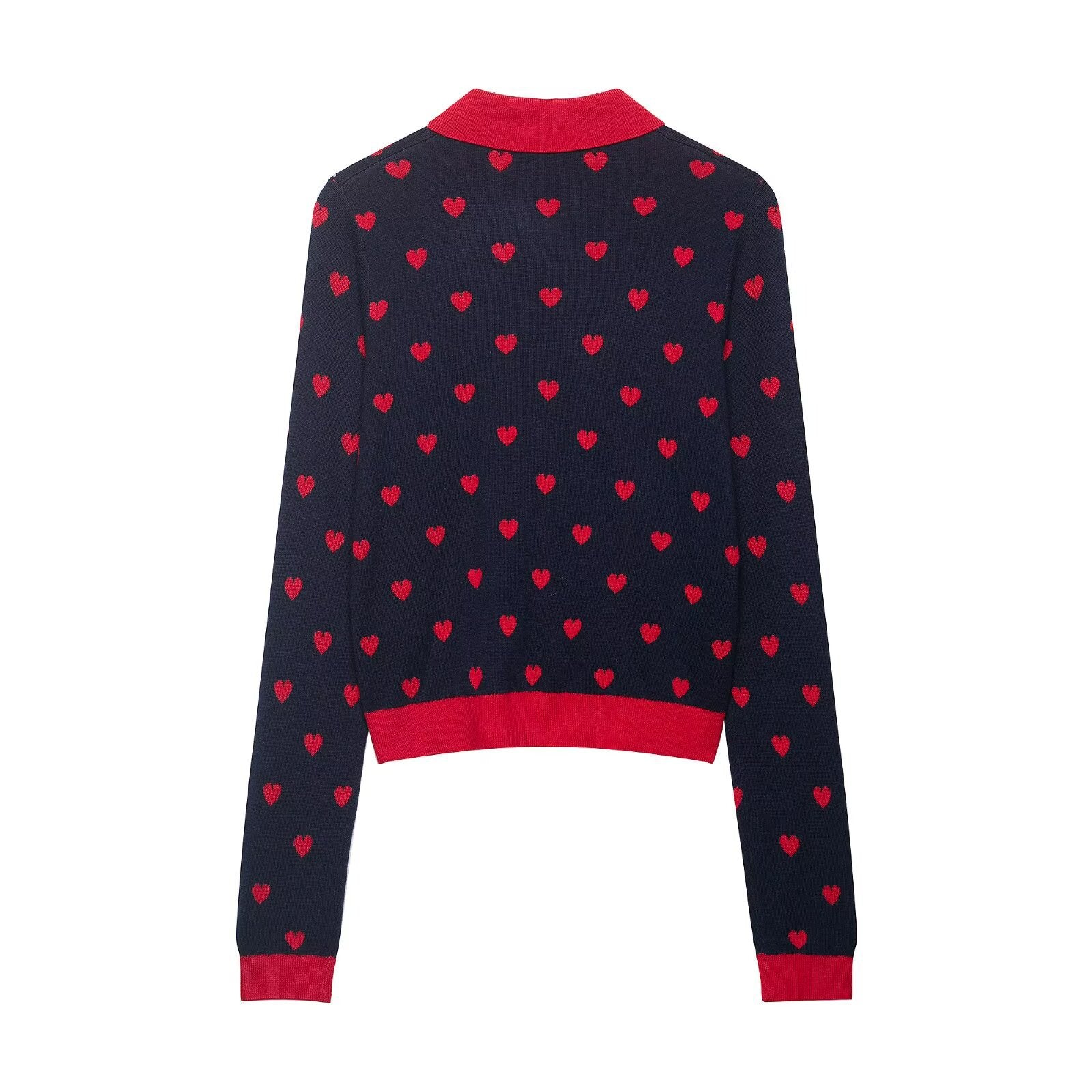 Women Short-Cut Cardigan with Shirt Collar, Heart Jacquard and Button Placket Chichicherry