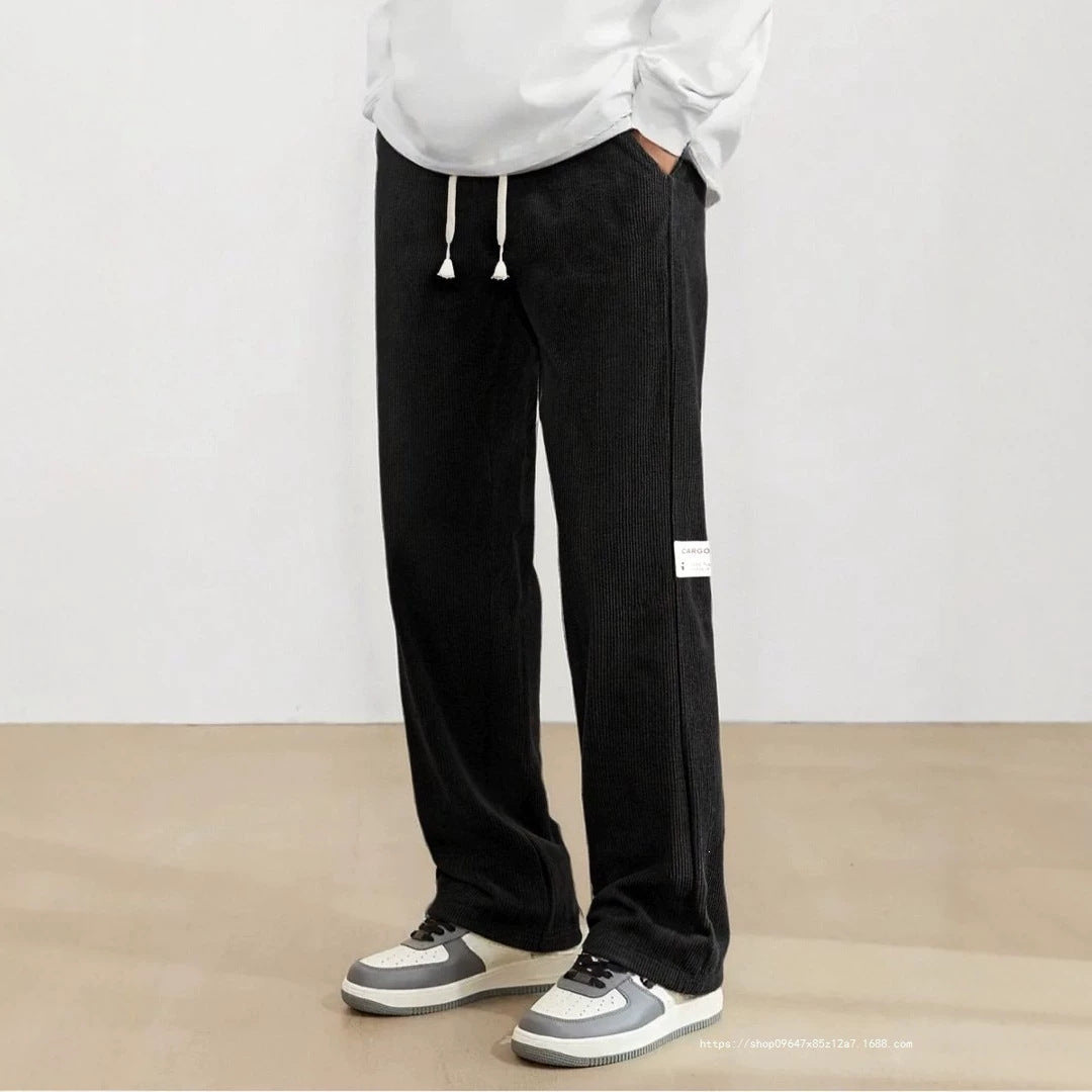 Men's wide cord pants in relaxed fit with drawstring, straight leg & label patch Chichicherry