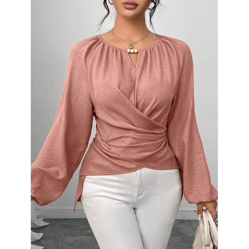Ladies Elegant Wrap Blouse with Gathered Waist, V-Neck and Balloon Sleeves Chichicherry