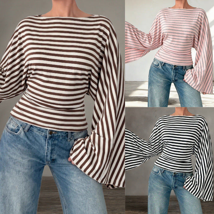 Women's Striped Shirt with Off-the-Shoulder Neckline, Fitted Silhouette and Bell Sleeves Chichicherry
