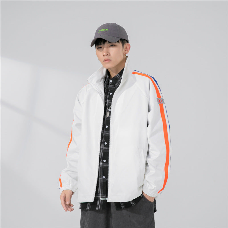Men's Loose Fit Track Jacket with Stand-Up Collar, Contrasting Stripe Sleeves, and Elastic Cuffs
