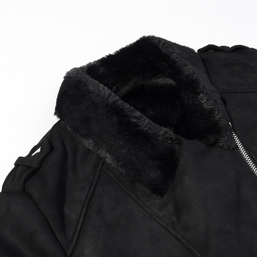 Women Short Biker Jacket with Faux Fur Collar and Suede Look Chichicherry
