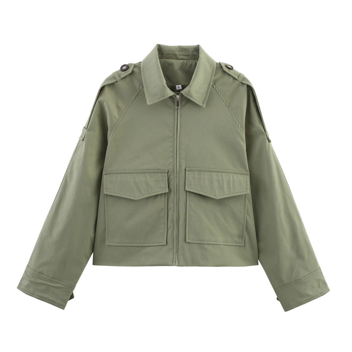 Women's Short Cut Utility Jacket in Military Look with Flap Pockets, Epaulettes and Zipper Chichicherry
