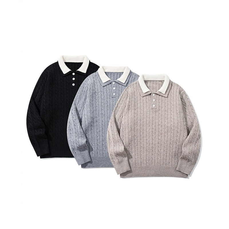 Unisex Polo knit sweater with cable knit and contrast collar Chichicherry