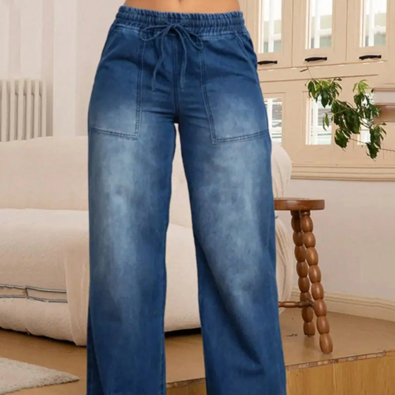 Women's Wide High-Waist Jeans with Elastic Waistband and Drawstring Chichicherry