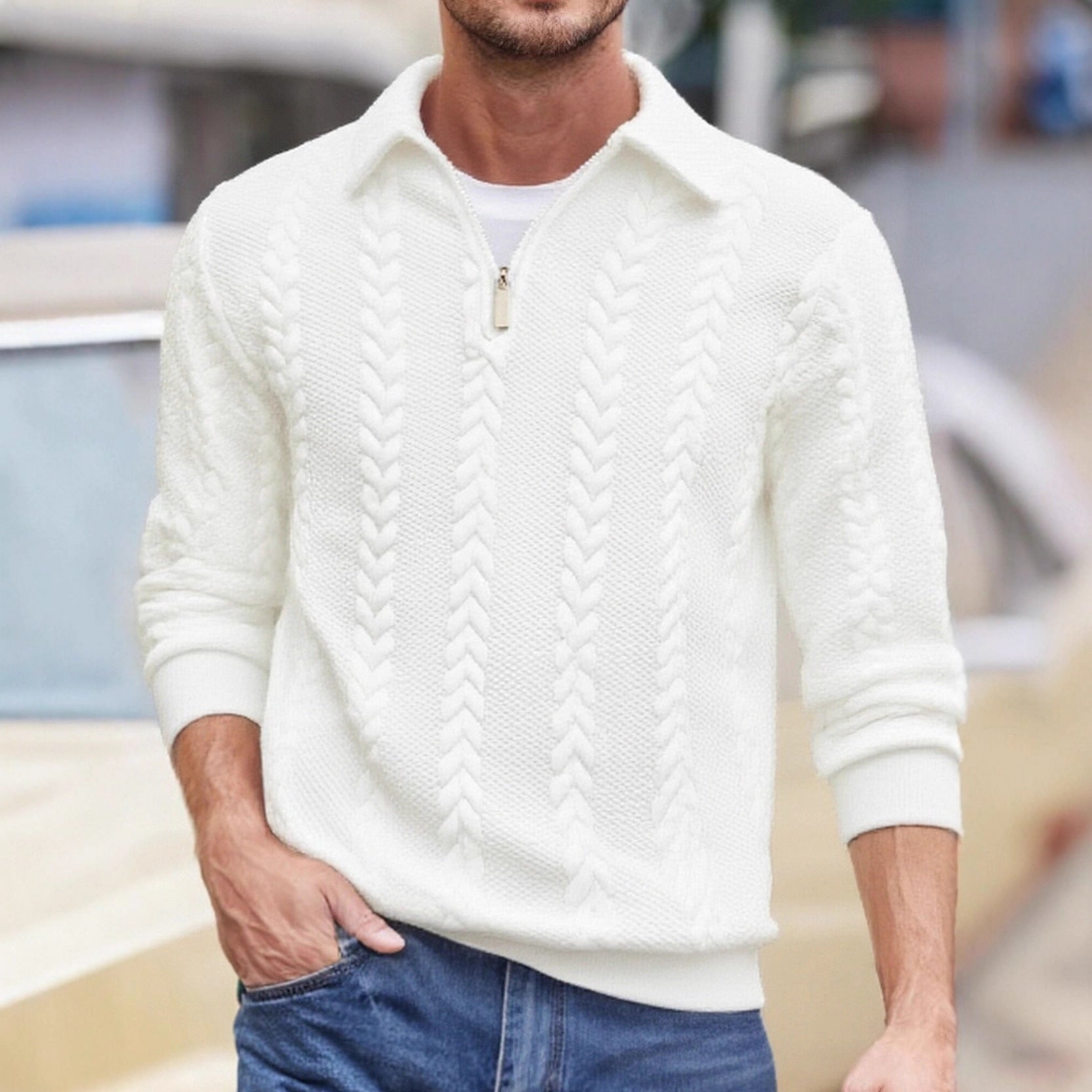 Men's fine structured cable knit sweater with short zipper and Kent collar Chichicherry