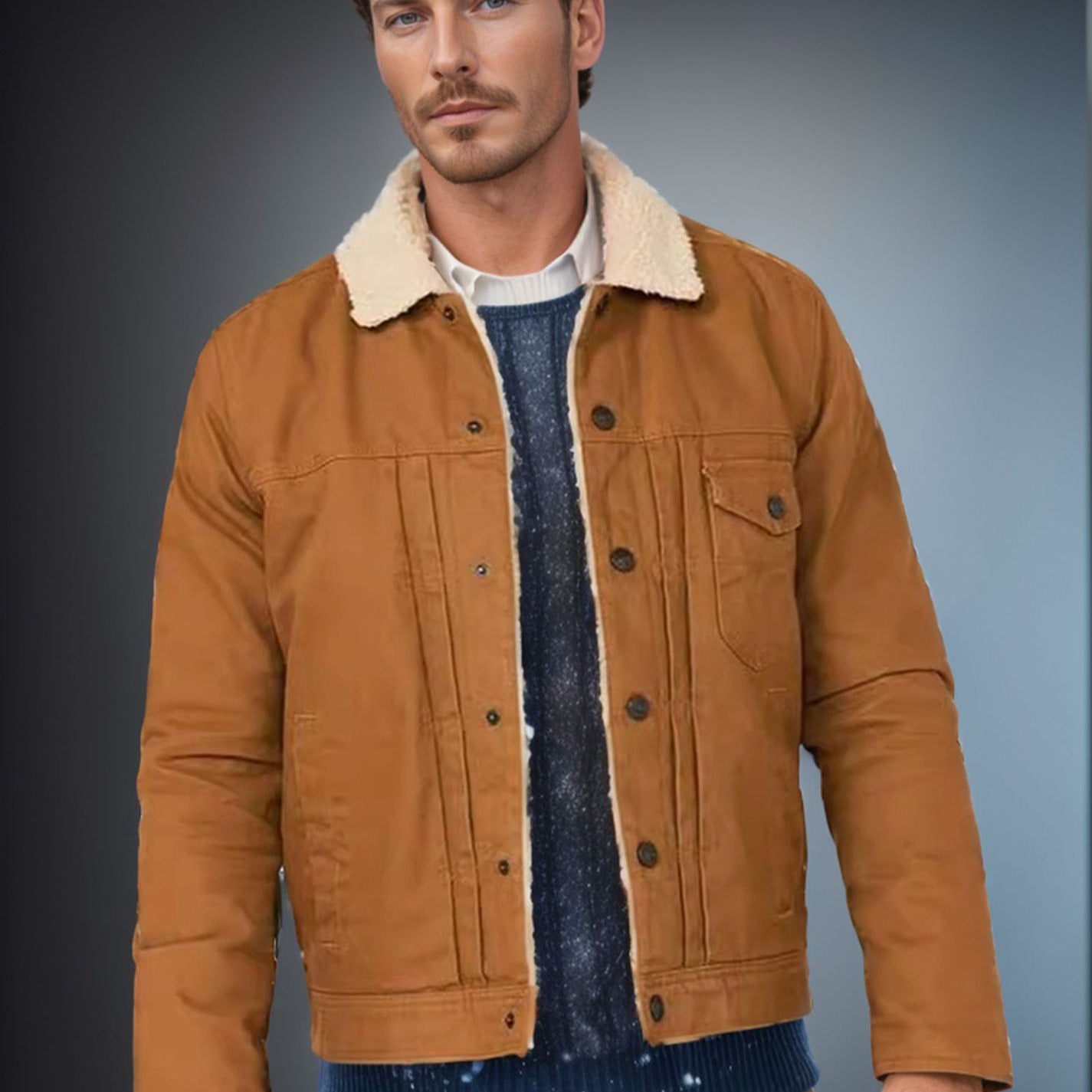 Herren Sherpa-gefütterte Truckerjacke mit Kunstfellkragen Chichicherry