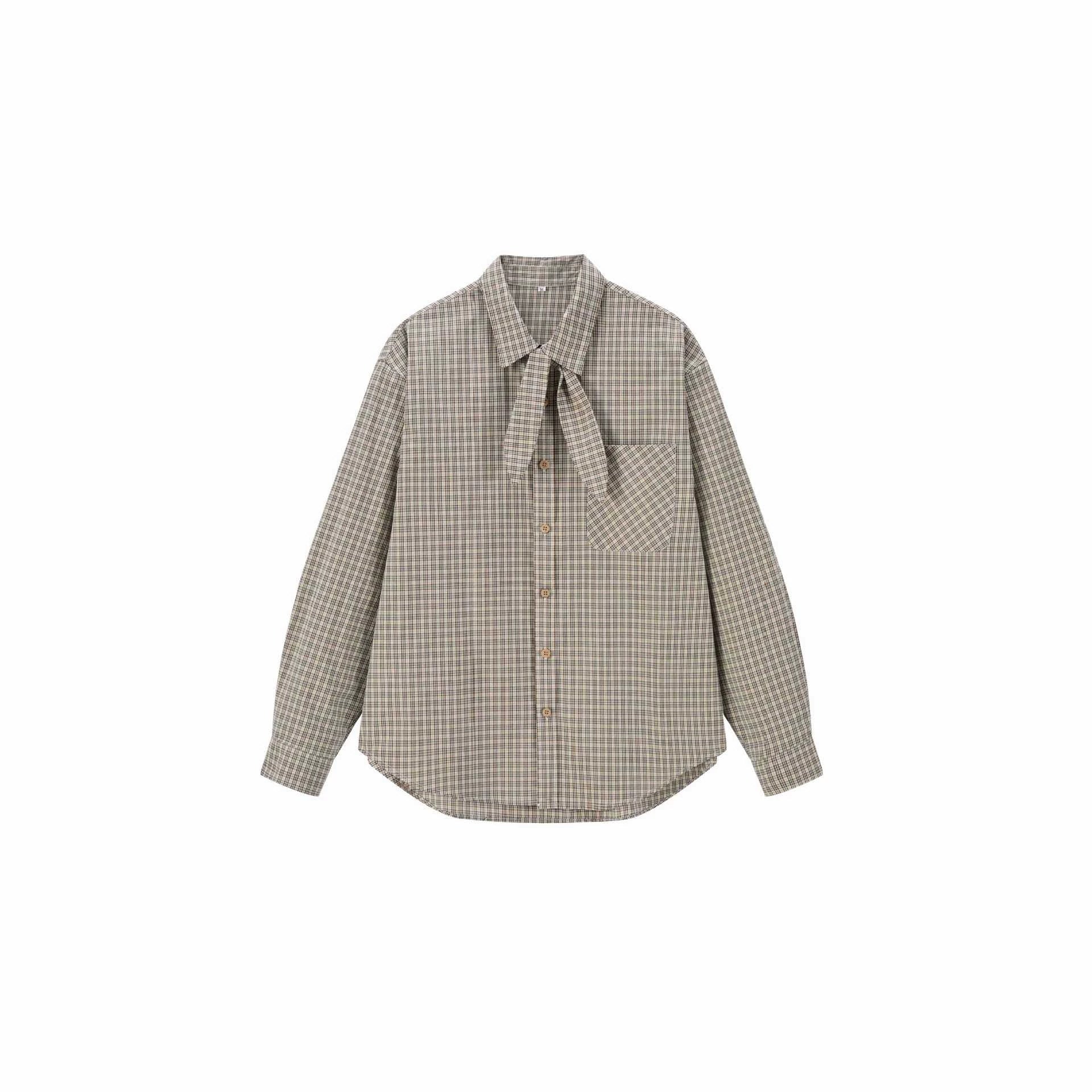 Women's Checkered Blouse with Bow Collar and Oversized Silhouette