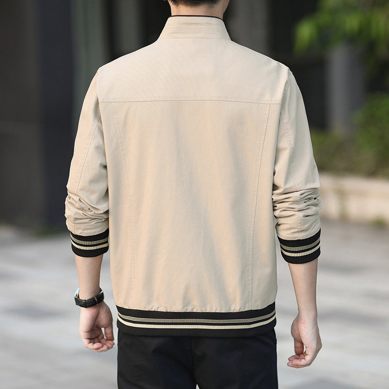 Men's modern canvas bomber jacket in worker style with striped ribbed cuffs and zipper Chichicherry