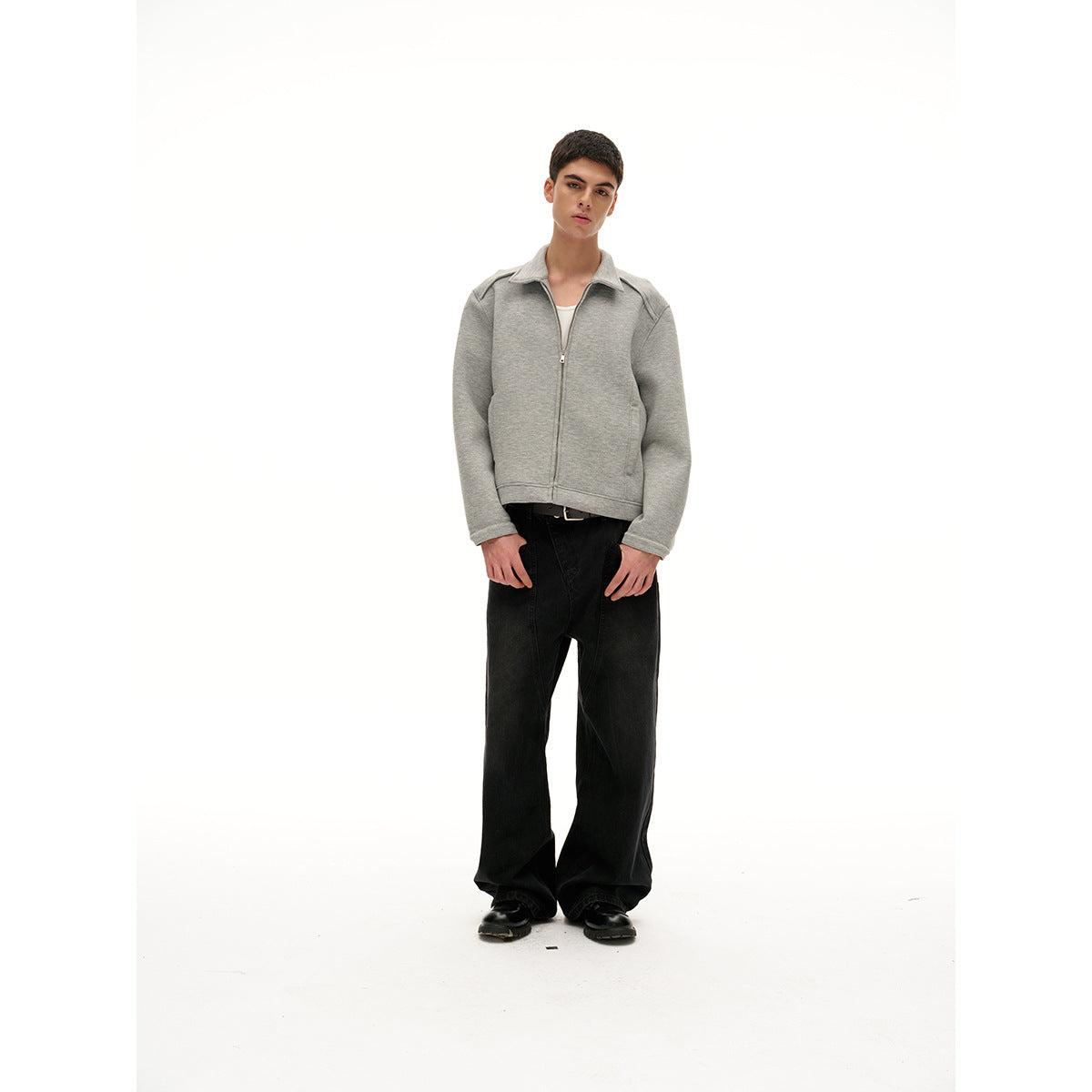 Women Lightweight Boxy Sweat Jacket with Shirt Collar, Full Zip and Concealed Side Pockets Chichicherry