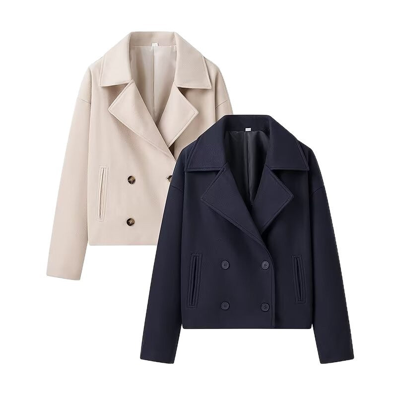 Women's Short Double-Breasted Boxy Peacoat made of Wool Blend with Wide Lapels Chichicherry