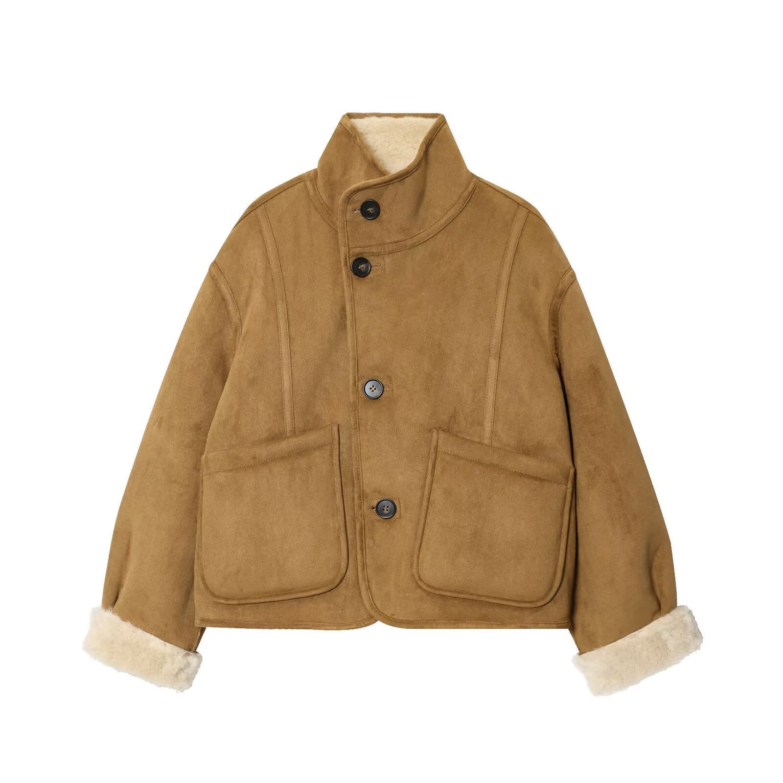 Women's short jacket in lambskin look with stand-up collar, patch pockets, and button placket Chichicherry