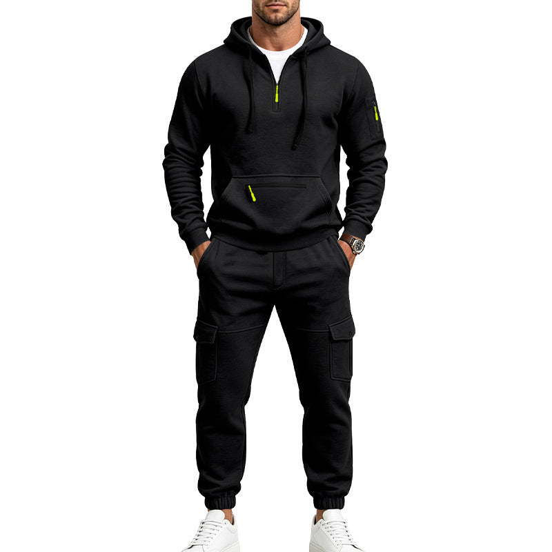 Men's Cargo Jogging Set with Hood, Half Zipper and Multi Pockets Chichicherry