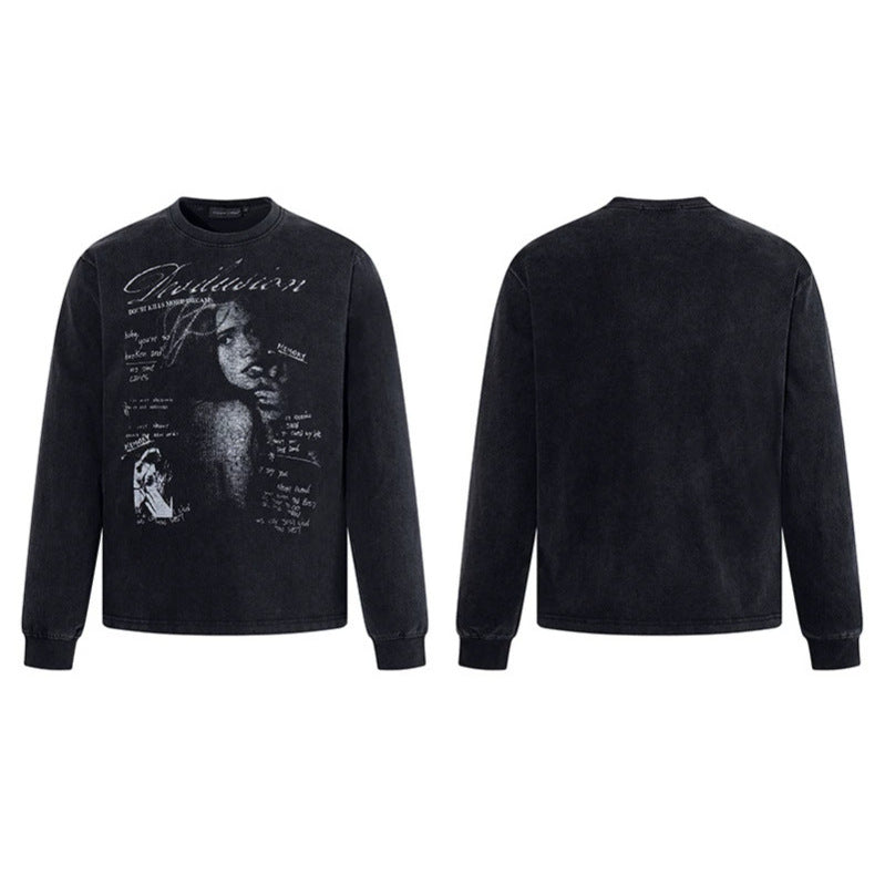 Men's Longsleeve with Vintage Girl Graphic and Used Wash Chichicherry