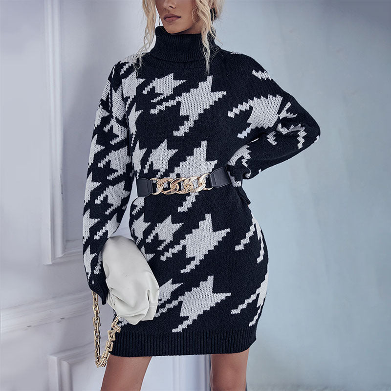 Ladies' knit mini dress with houndstooth jacquard, roll neck and waist-accentuating belt look Chichicherry