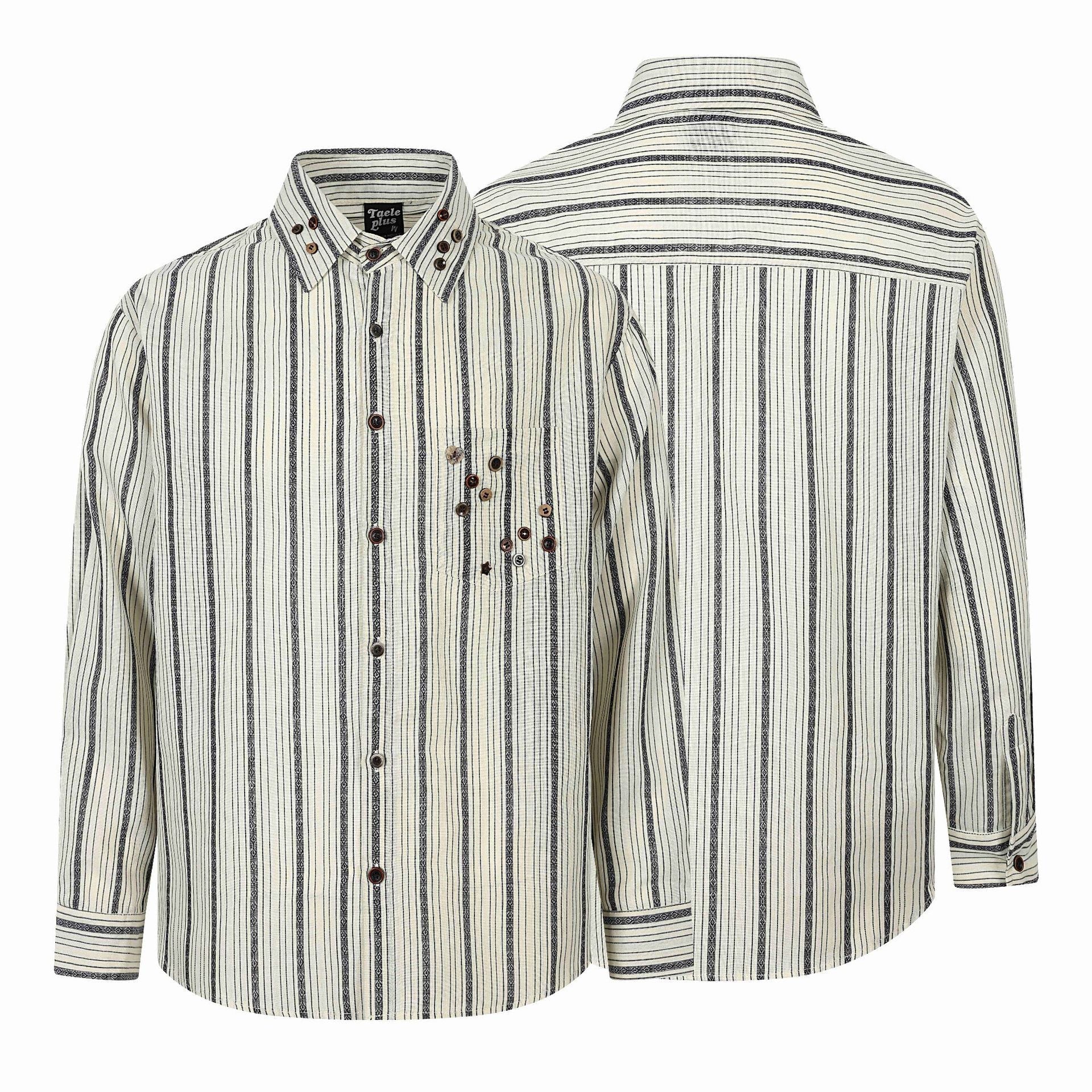 Men's Coarse Woven Long Sleeve Shirt with Vertical Stripe Pattern, Kent Collar and Decorative Button Details Chichicherry