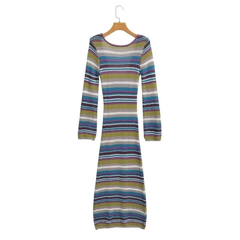 Women's Striped Ribbed Maxi Dress with Round Neckline and Figure-Hugging Silhouette Chichicherry