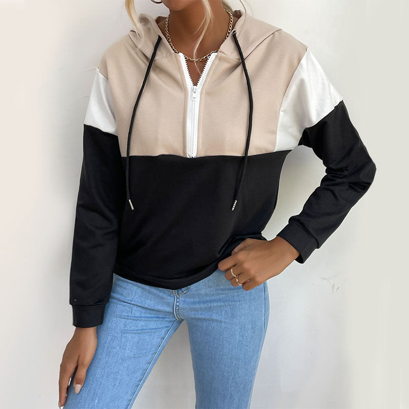 Women's hooded pullover with half zipper, color block design and drawstring Chichicherry